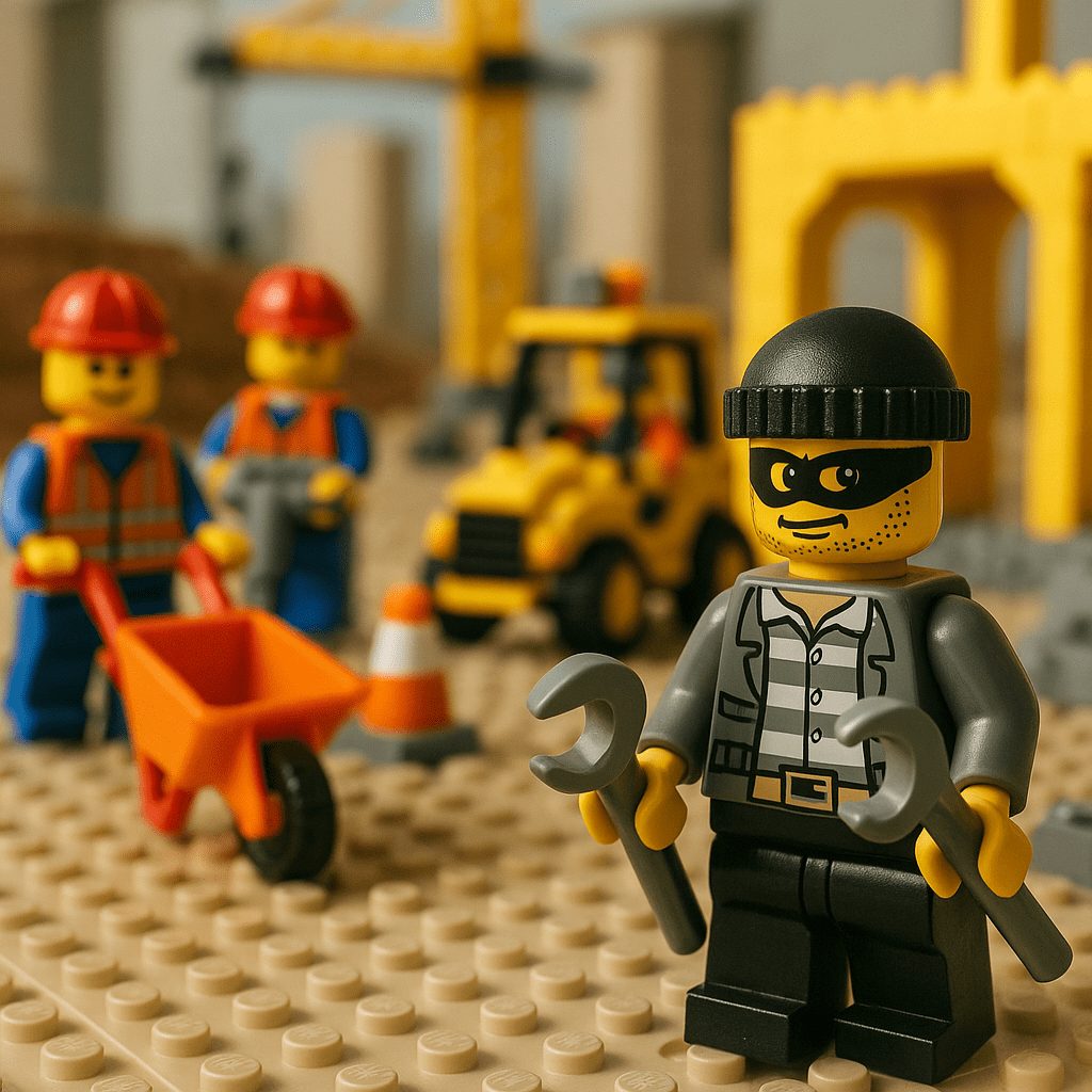 LEGO construction workers in the background observe a masked LEGO figure in the foreground holding stolen tools. This scene humorously illustrates the serious issue of tool loss and shrinkage on industrial job sites due to theft or misplacement.