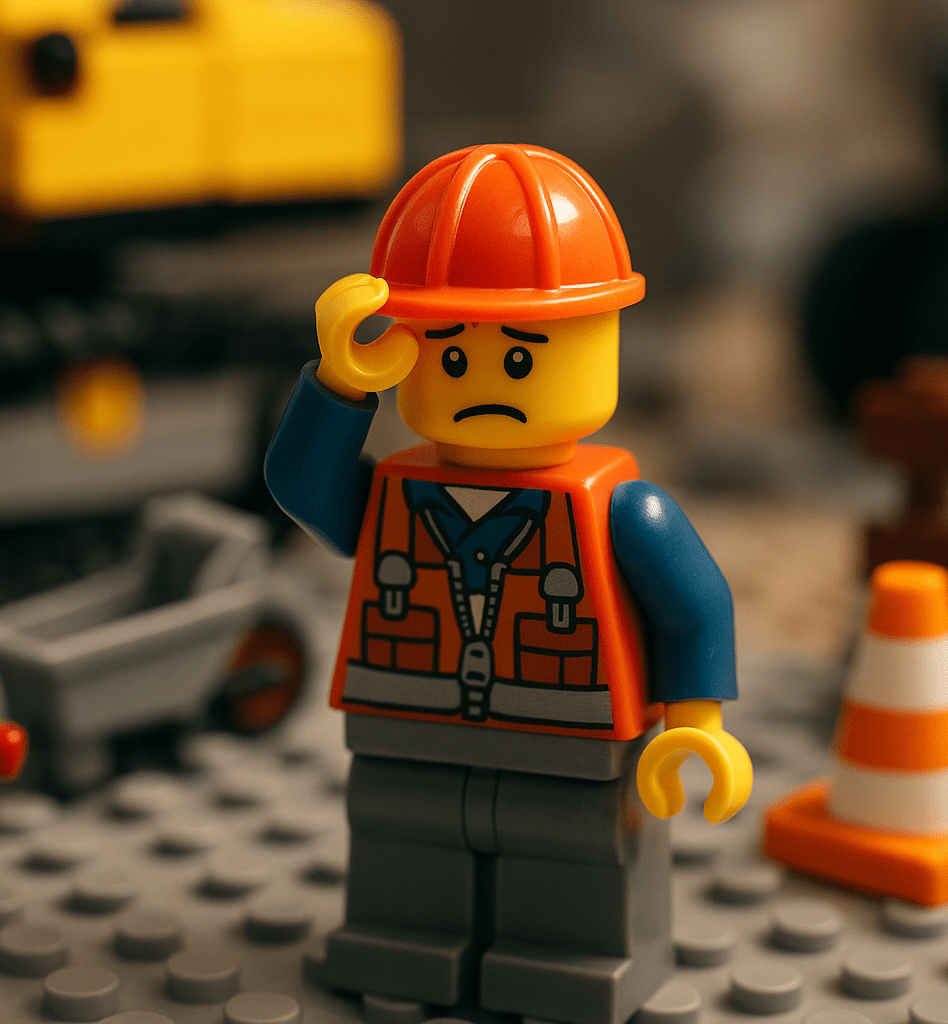 A worried construction worker LEGO figure stands on a cluttered jobsite. The expression reflects concern and confusion, symbolizing the awareness stage in identifying root causes of tool and equipment loss—highlighting the need for better inventory tracking like CyberStockroom.
