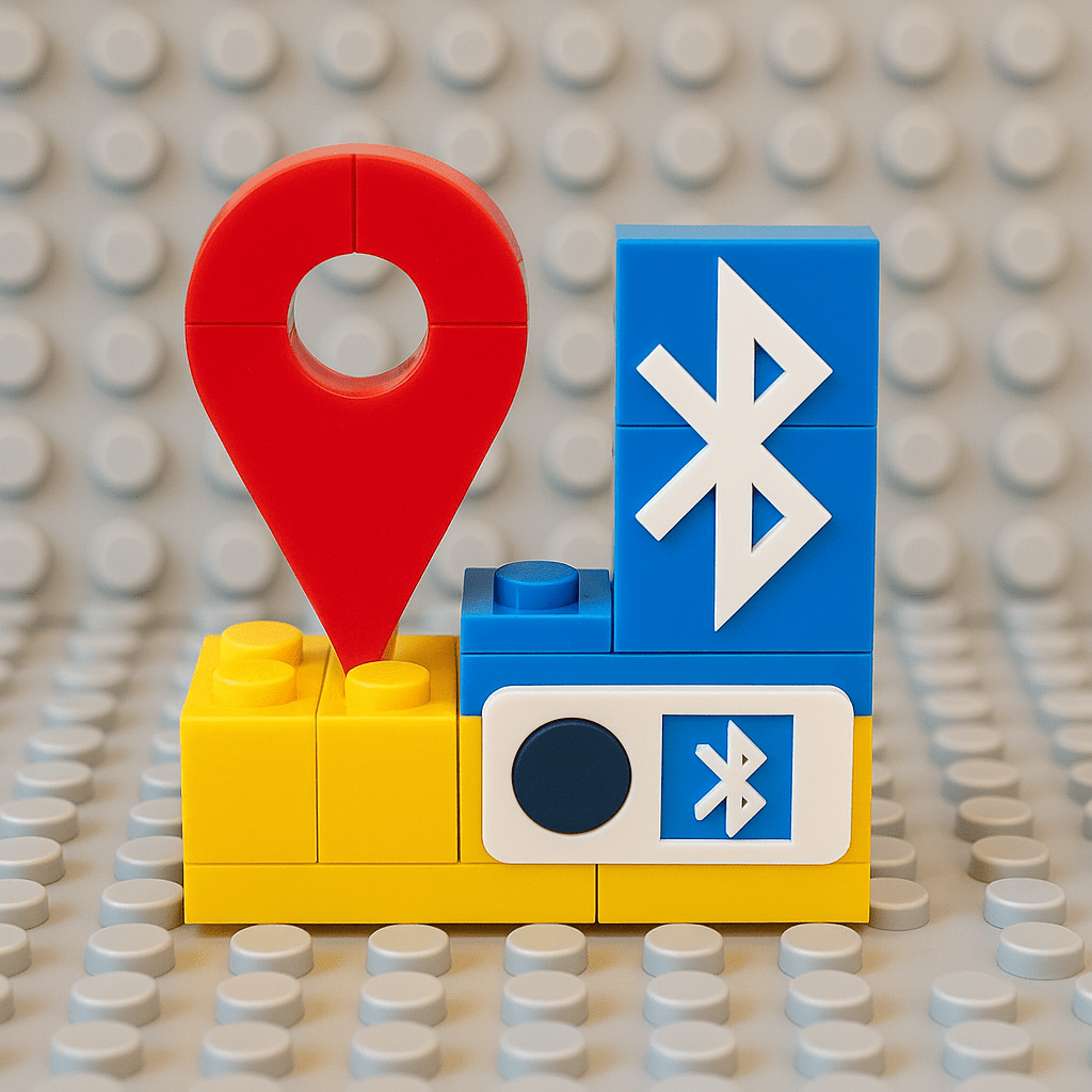A LEGO-style icon shows a red location pin and a Bluetooth symbol, representing GPS and Bluetooth tracking for jobsite tools. These technologies help locate lost or stolen equipment—functioning as a digital safety net that complements CyberStockroom’s visual inventory control system.
