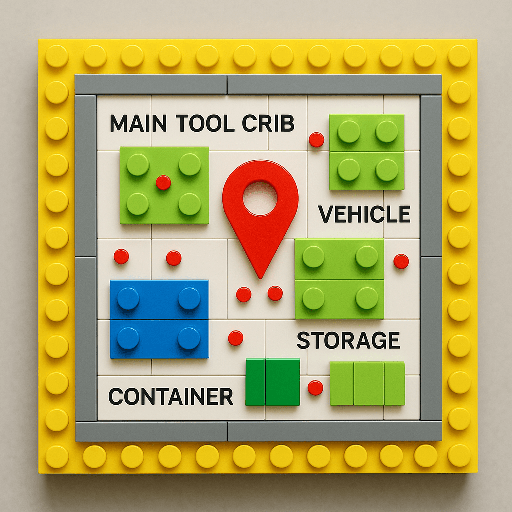 A LEGO-style digital inventory map shows labeled sections like "Main Tool Crib," "Vehicle," "Storage," and "Container" with a red location pin, symbolizing visual tracking of tools across a jobsite. This represents how CyberStockroom helps teams maintain real-time awareness of inventory locations.
