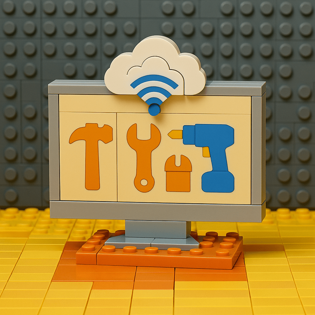 A LEGO-style computer screen displays tool icons (hammer, wrench, drill) beneath a cloud with a Wi-Fi signal, symbolizing cloud-based tool management. This visual represents how CyberStockroom connects all inventory tracking methods in one centralized, real-time system.