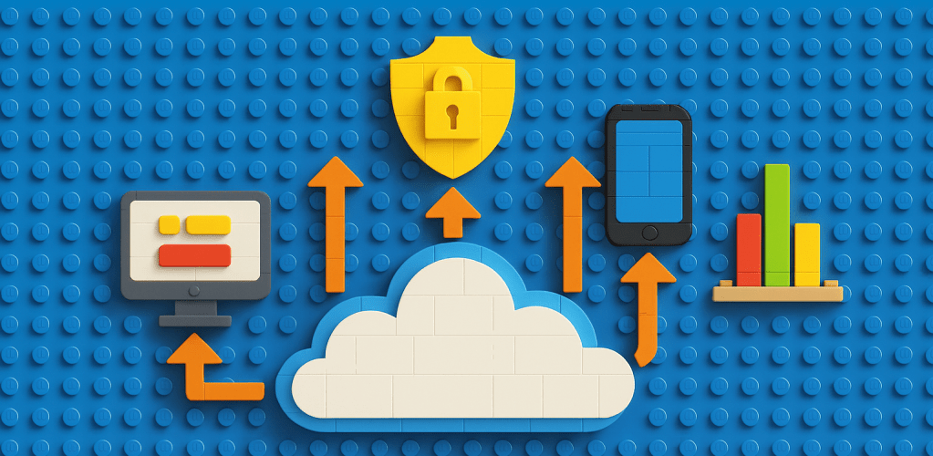 LEGO-style cloud computing illustration with arrows pointing from a cloud to a shield (security), computer, smartphone, and data chart. This visual represents how CyberStockroom’s cloud-based inventory system connects secure, centralized data to multiple devices and analytics tools—driving the future of warehousing with real-time access, data integrity, and operational visibility.
