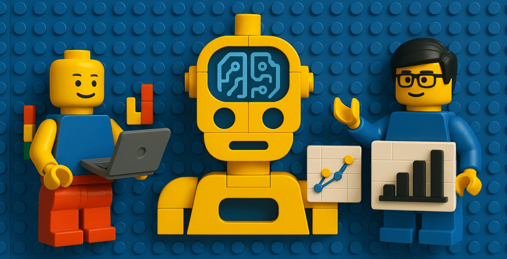 LEGO-style scene featuring a central yellow robot with a brain-like AI design, flanked by two figures—one with a laptop and the other holding data charts. This represents how CyberStockroom can support AI-driven inventory optimization and real-time analytics to improve decision-making and efficiency in warehousing and jobsite operations.

