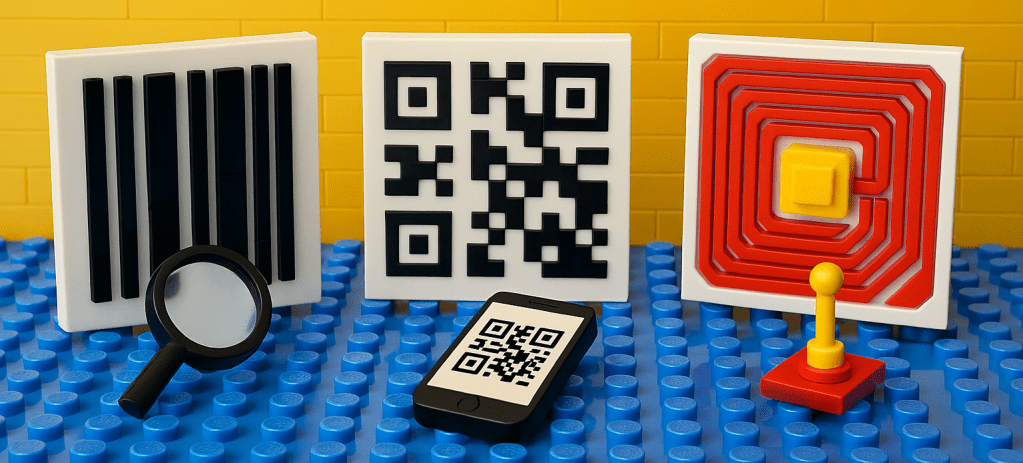 LEGO models of barcode, QR code, RFID tag, scanner, and mobile device represent technology and automation in inventory. CyberStockroom supports barcode tracking, allowing businesses to streamline inventory processes and reduce manual errors with a visual, location-based system.
