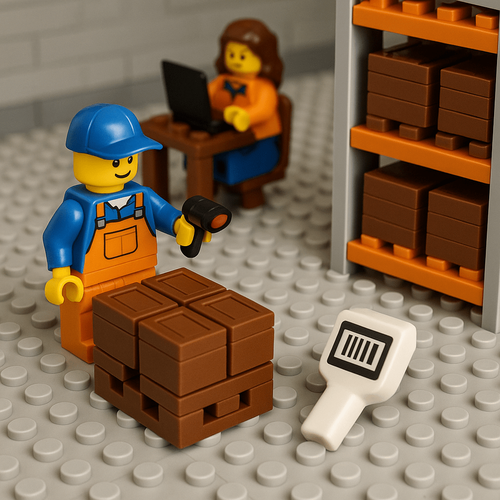 Lego worker scans a stack of inventory boxes with a barcode scanner while another team member works at a laptop nearby—demonstrating barcode and QR code systems for inventory control with CyberStockroom.