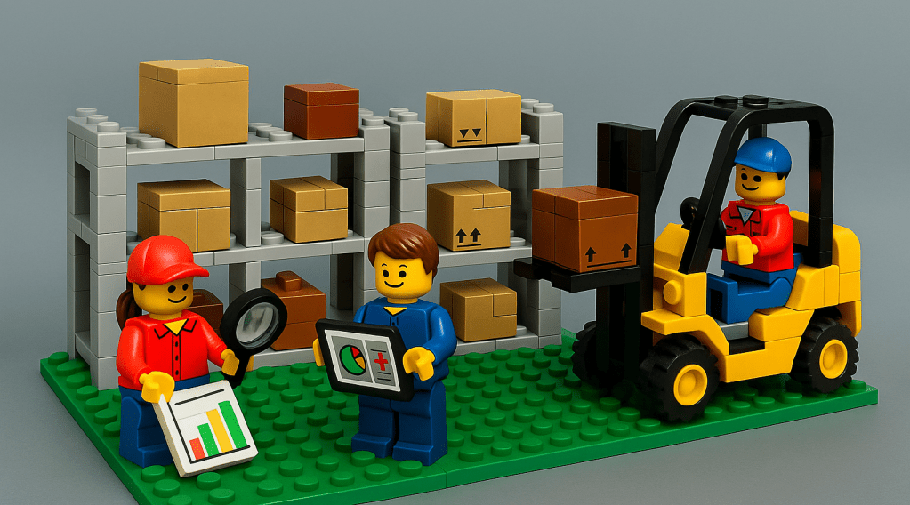 LEGO warehouse team analyzing safety stock and reorder points, with one figure holding a chart, another reviewing tablet-based stock data, and a forklift moving boxes in the background. This scene illustrates the importance of setting optimal stock thresholds for inventory control, reflecting CyberStockroom’s visual and proactive inventory management system.