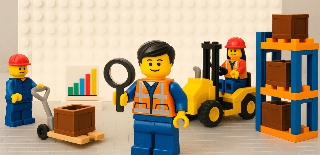 LEGO warehouse team engaging in inventory forecasting, with one figure holding a magnifying glass and others operating forklifts and pallet jacks near a bar graph and stacked bins. This visual emphasizes the importance of demand forecasting in warehouse management. Image concept inspired by CyberStockroom's approach to inventory visibility and optimization.
