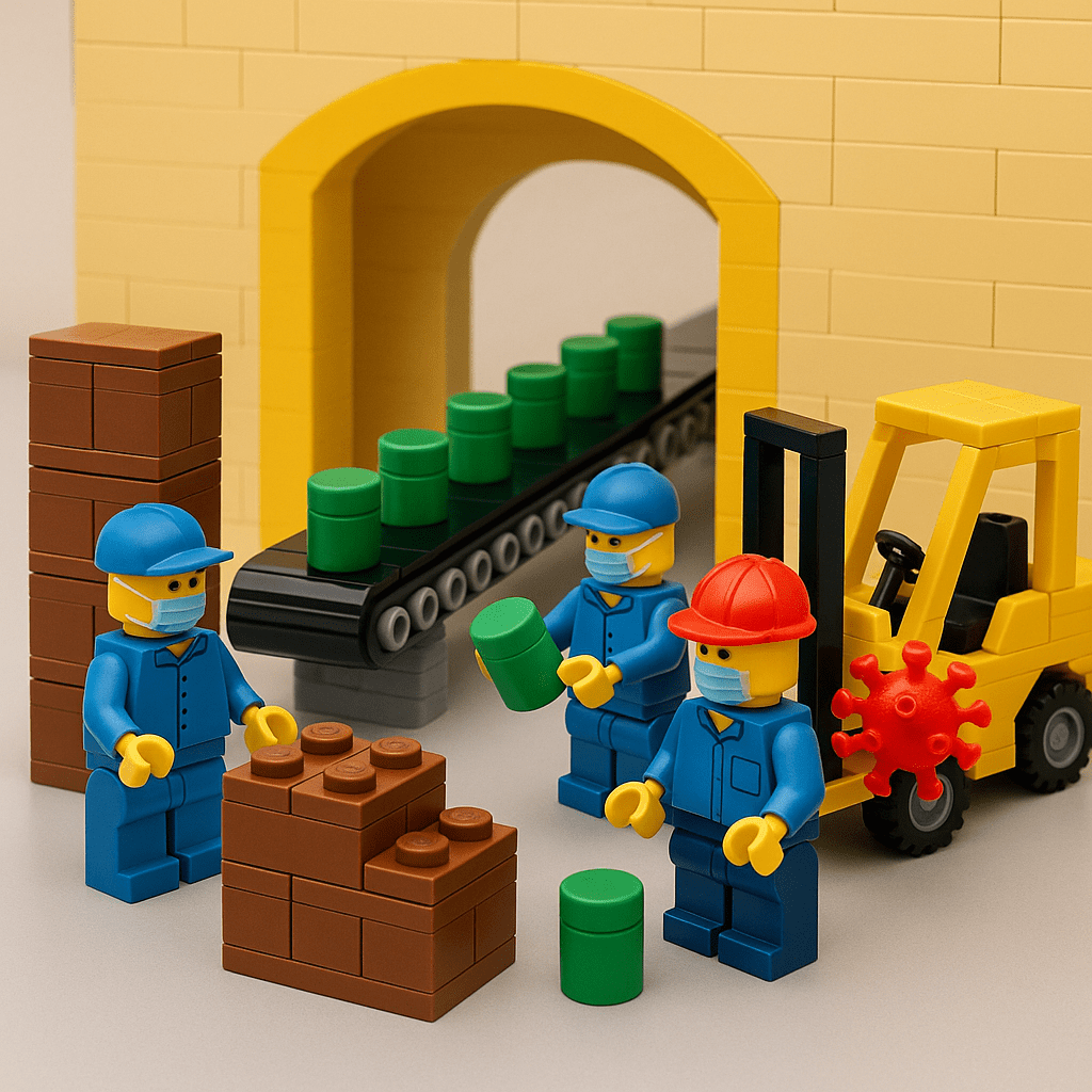 LEGO workers in a warehouse setting scramble around a conveyor belt delivering green barrels, with one forklift marked by a virus icon symbolizing COVID-19. This scene illustrates the vulnerabilities of Just-in-Time systems during global supply chain disruptions, a challenge CyberStockroom helps mitigate through better inventory visibility and planning.
