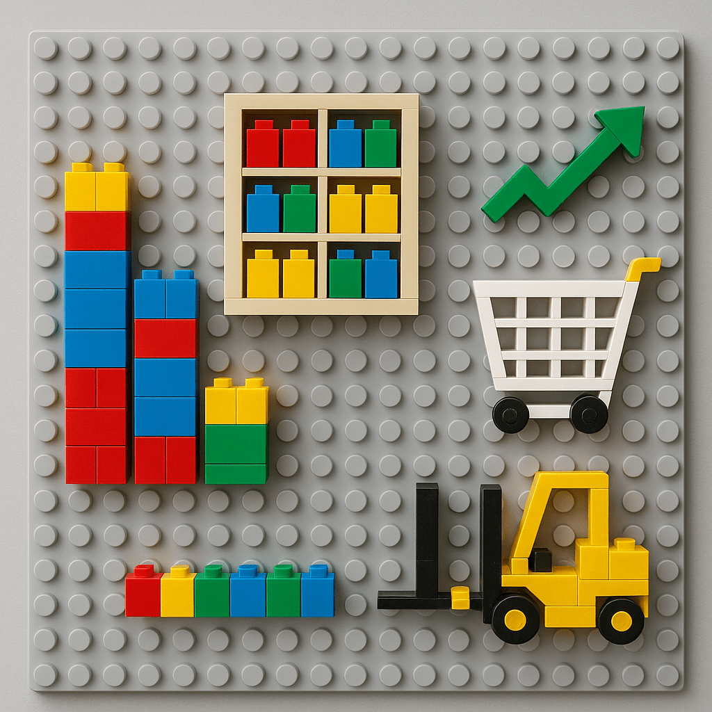 LEGO elements depict inventory turnover metrics: stacked colored blocks representing stock levels, a green upward arrow for performance, a shopping cart for procurement, and a forklift for warehouse movement. This visual highlights how CyberStockroom supports healthy inventory turnover by balancing stock levels and order timing.