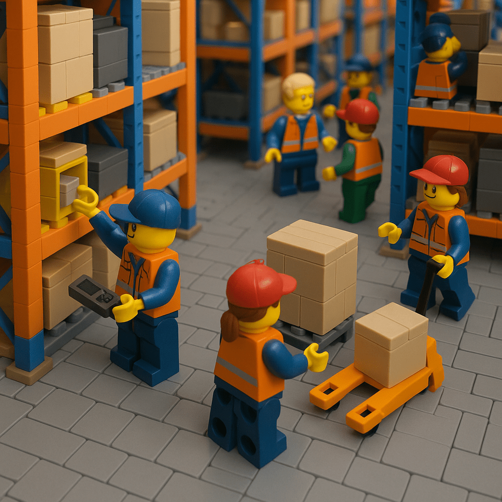 Two LEGO warehouse workers review stock alerts on a computer screen, showing graphs and a warning icon. Behind them are color-coded bins on shelves. This scene highlights how CyberStockroom enables proactive inventory management, helping businesses avoid both stockouts and overstock through real-time visibility and smart alerts.
