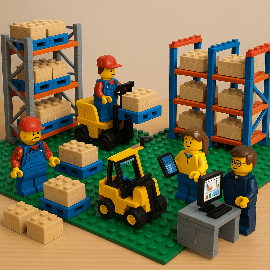 A LEGO-inspired warehouse scene shows workers surrounded by pallets and shelves, with some looking concerned about overstock and inefficiencies, while others use tablets and computers to analyze data. This image illustrates how cloud-based inventory systems like CyberStockroom help reduce costs and waste by improving visibility, minimizing overstock, and streamlining operations.
