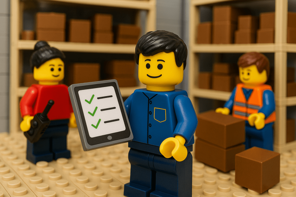 Lego warehouse workers surrounded by stacked boxes, with one figure holding a digital checklist—illustrating the core components of inventory visibility powered by CyberStockroom.