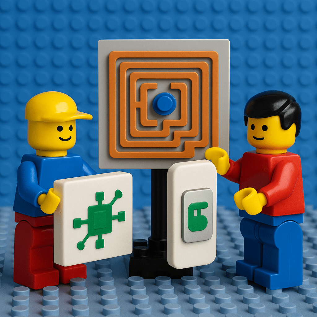 Two Lego figures demonstrate RFID technology using a stylized RFID chip and electronic tags—illustrating CyberStockroom's role in enabling smart inventory tracking with electronic tagging systems.