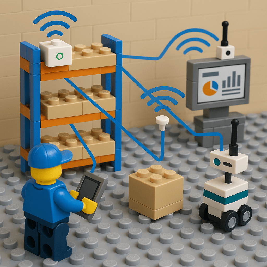 Lego warehouse scene with smart shelves, sensors, and a robot all connected wirelessly—illustrating how CyberStockroom uses IoT and smart sensors for real-time, continuous inventory tracking across the supply chain.
