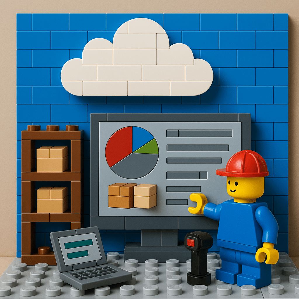 Lego figure in front of a cloud-connected dashboard and inventory data charts—representing how CyberStockroom leverages cloud-based inventory software for real-time global visibility and scalable data access.
