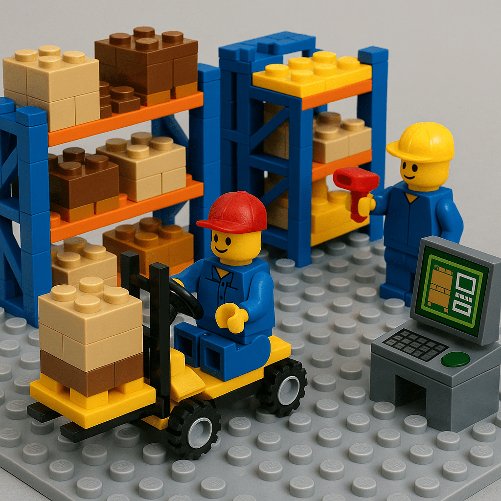 Lego warehouse scene with workers using a forklift and scanner in front of shelves and a digital interface—symbolizing how CyberStockroom integrates Warehouse Management Systems (WMS) for optimized inventory location tracking and operational efficiency.