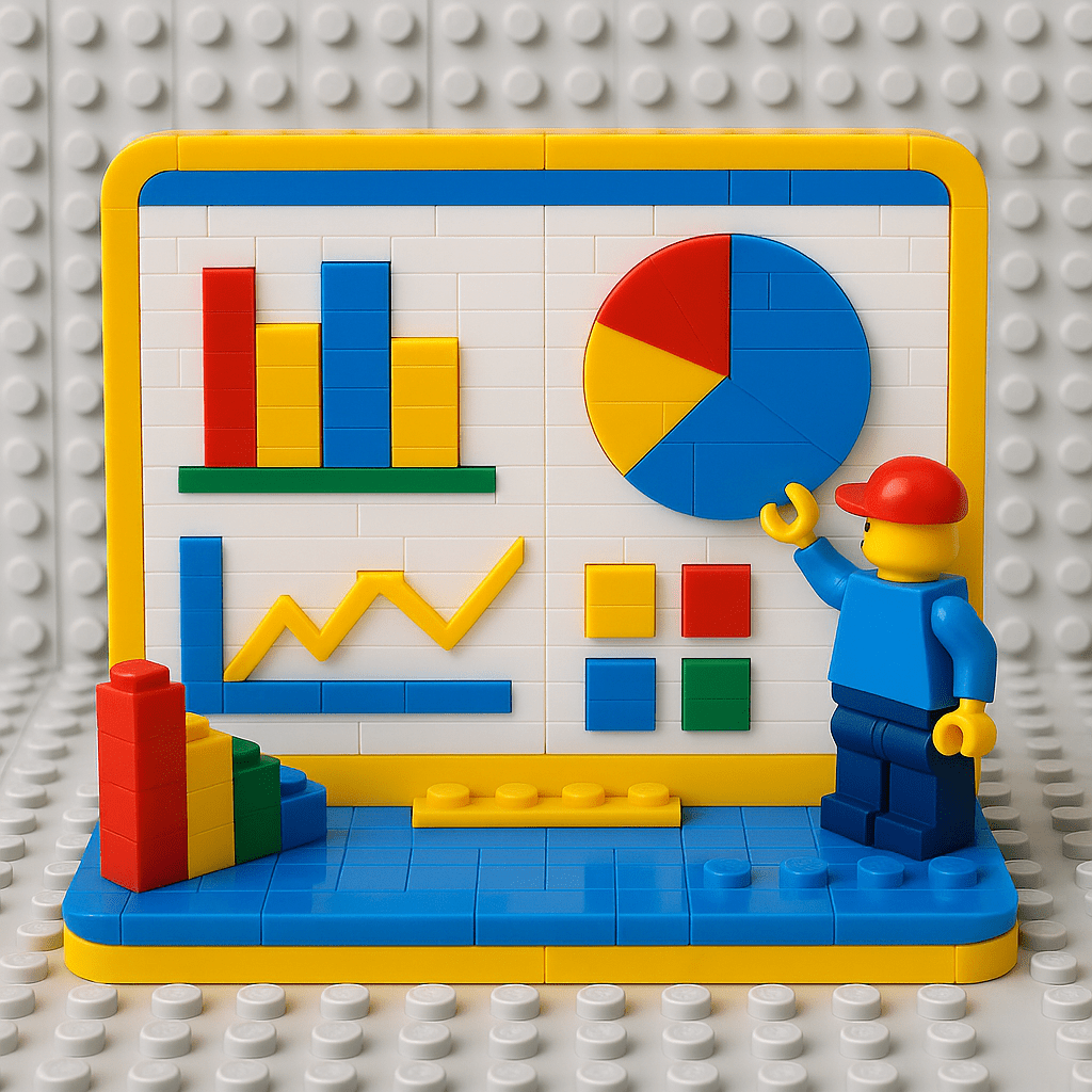Lego character pointing at a colorful analytics dashboard made of bricks, featuring bar charts, pie charts, and trend lines—illustrating how CyberStockroom transforms inventory data into actionable insights through real-time dashboards and business intelligence tools.
