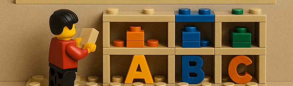 A LEGO person sorts inventory blocks on labeled shelves marked A, B, and C, symbolizing ABC analysis. This scene represents how businesses can classify inventory based on value and usage rate. With CyberStockroom, manufacturers and warehouse managers can visually organize and prioritize inventory categories to focus on high-impact items and optimize stock levels accordingly.
