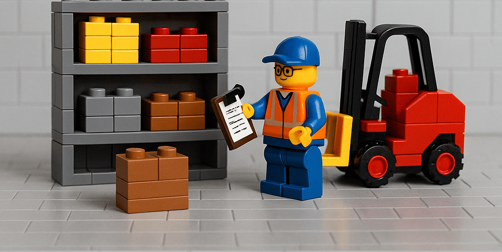 A LEGO worker holding a clipboard inspects a small quantity of color-coded inventory near a shelf and forklift, symbolizing lean inventory and Just-in-Time (JIT) practices. With CyberStockroom, manufacturers and warehouse teams can reduce waste, prevent overstocking, and maintain optimal stock levels through real-time visibility and strategic inventory mapping.