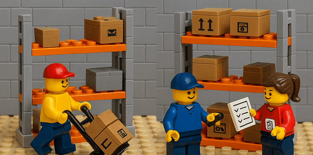LEGO warehouse workers perform inventory checks and move boxes while referencing a checklist, representing regular audits and cycle counts. CyberStockroom enables seamless cycle counting and ongoing inventory validation to maintain high data accuracy without halting operations.
