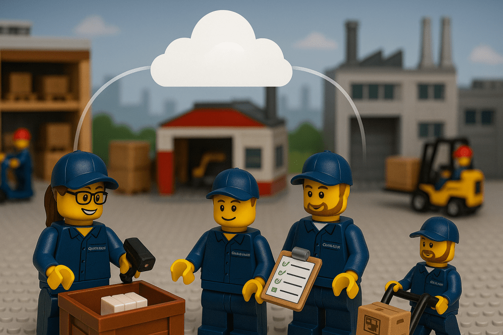 LEGO warehouse team members in uniform connect to a central cloud while managing inventory tasks like scanning, checking lists, and moving boxes. This represents the key benefits of CyberStockroom’s cloud-based inventory management system: real-time access, team collaboration, and streamlined operations in manufacturing and warehouse environments.
