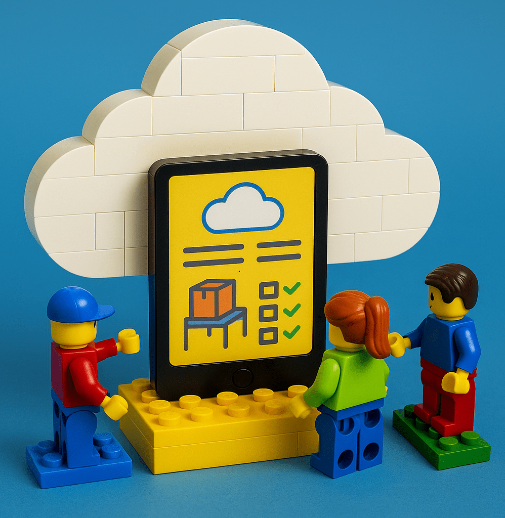 Three LEGO characters gather around a digital inventory dashboard displayed on a large screen, backed by a cloud symbol. The interface shows centralized item data and checklists. This visual represents how CyberStockroom centralizes inventory information into a single, cloud-based system for unified tracking and visibility across operations.
