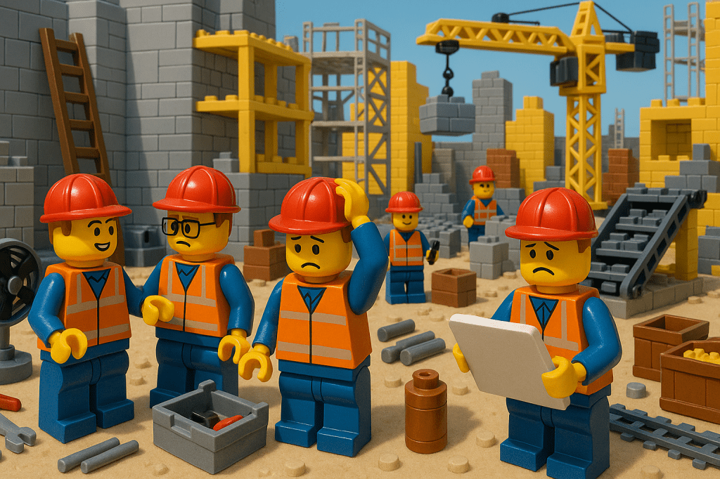 Lego construction crew facing confusion and delays on a busy job site—highlighting how inaccurate inventory records for materials and equipment can lead to costly setbacks, and how CyberStockroom helps construction teams stay on budget with real-time inventory tracking.

