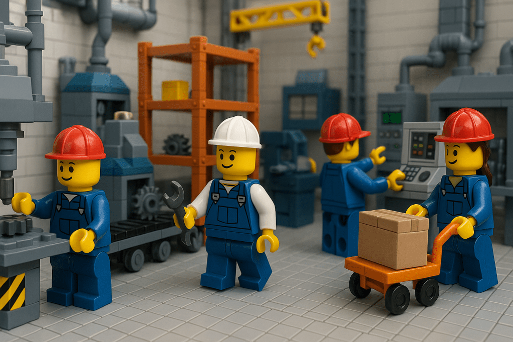 LEGO workers operate machinery, monitor systems, and move packages inside a busy warehouse, reflecting the challenges and transitions involved in adopting high-tech inventory solutions like CyberStockroom’s Inventory Map for better visibility and control.