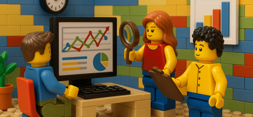 Lego office team analyzing charts and real-time inventory trends on a computer—illustrating how CyberStockroom provides a powerful real-time inventory solution that transforms business operations through instant insights, accuracy, and efficiency.