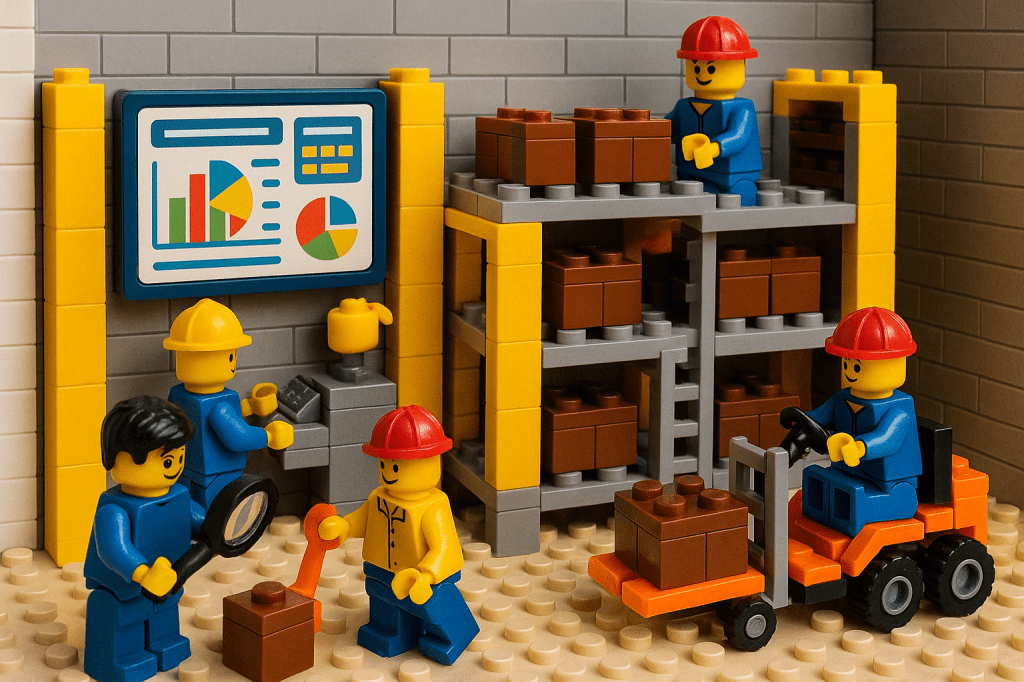 Lego team conducting inventory tasks in a warehouse with charts and storage bins—illustrating how CyberStockroom helps pharmaceutical manufacturers improve audits, ensure regulatory compliance, and maintain precise inventory records in real time.