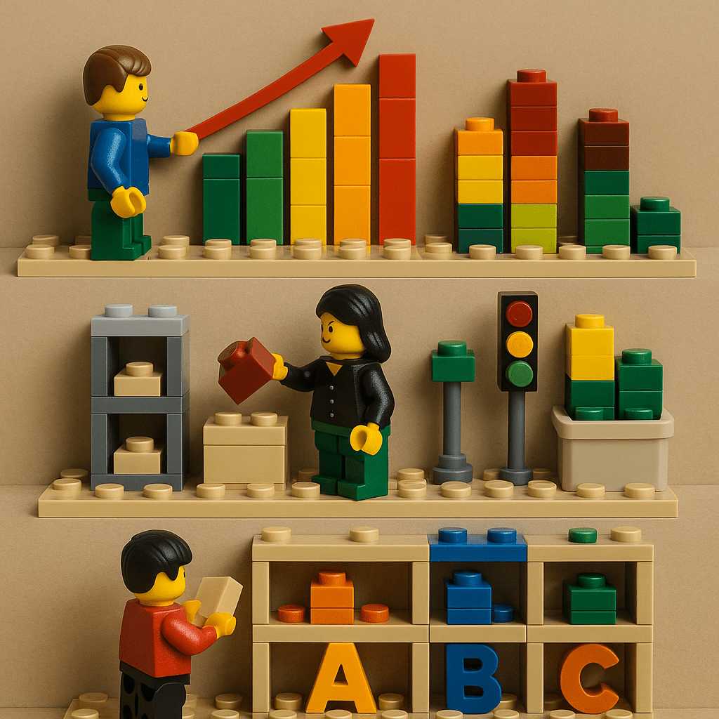 LEGO figures demonstrating inventory prioritization with labeled A-B-C shelves, bar graphs, and signal lights, illustrating ABC Analysis. CyberStockroom enhances this method by allowing users to visually segment and track high-value, mid-value, and low-value inventory directly on their custom maps.