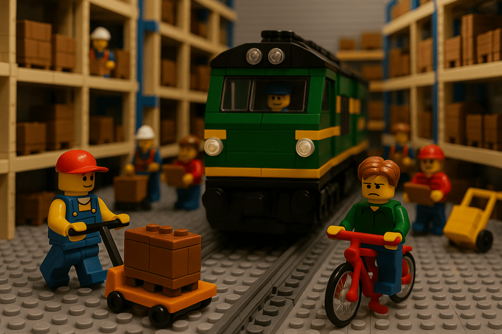 Lego warehouse scene featuring workers handling packages and a train navigating through the storage area, while a frustrated figure on a bicycle looks on—symbolizing the chaos of poor logistics coordination and the value of CyberStockroom’s streamlined inventory and supply chain management solutions.