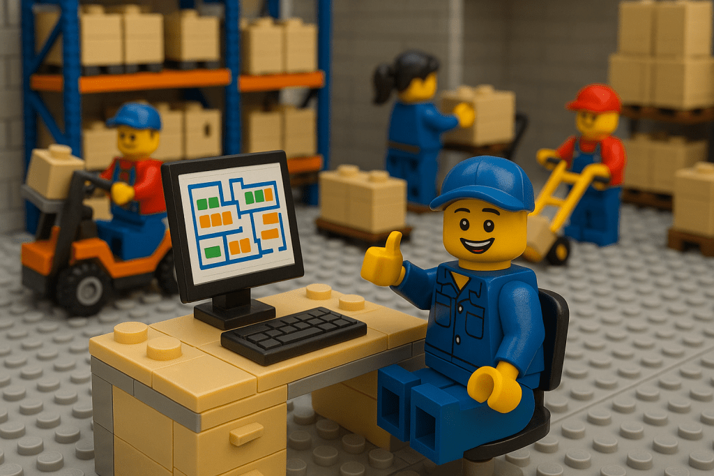Happy Lego warehouse worker using a digital inventory map on a computer, surrounded by organized staff and boxes—showcasing the efficiency and visibility provided by CyberStockroom’s smart inventory management system.