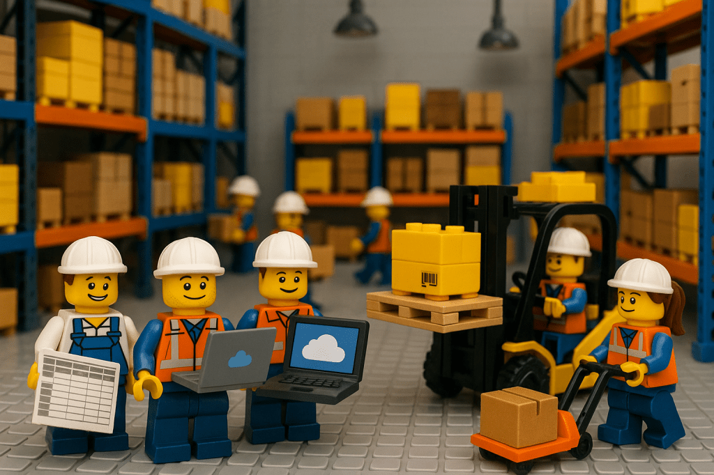 Lego warehouse team transitioning from paper spreadsheets and Excel to cloud-based inventory management, with laptops displaying cloud icons—illustrating the move to modern solutions like CyberStockroom for real-time, centralized inventory control.