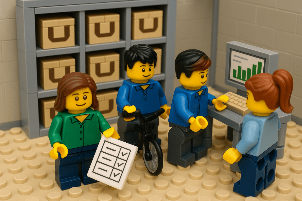 Lego office team reviewing inventory reports and checklists on a computer—illustrating the benefits of cycle counting over annual physical counts, with CyberStockroom enabling continuous, accurate inventory tracking for better operational efficiency.
