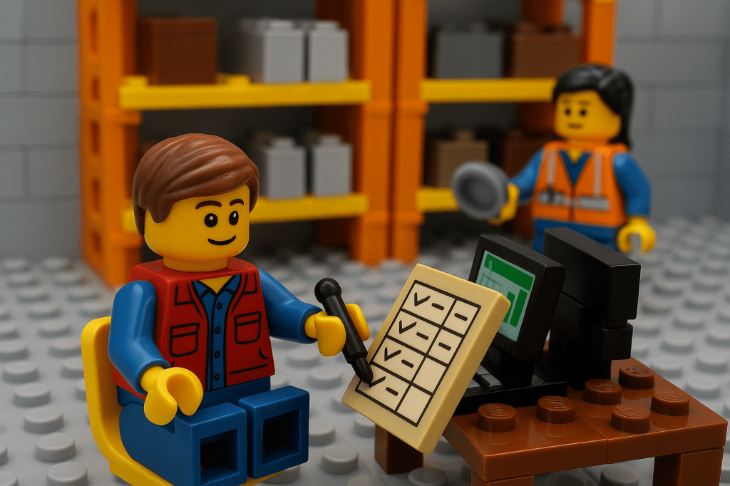 Lego warehouse worker conducting an inventory audit with a checklist and digital dashboard—representing the integration of annual and real-time audits using CyberStockroom to maintain accurate, up-to-date inventory records.