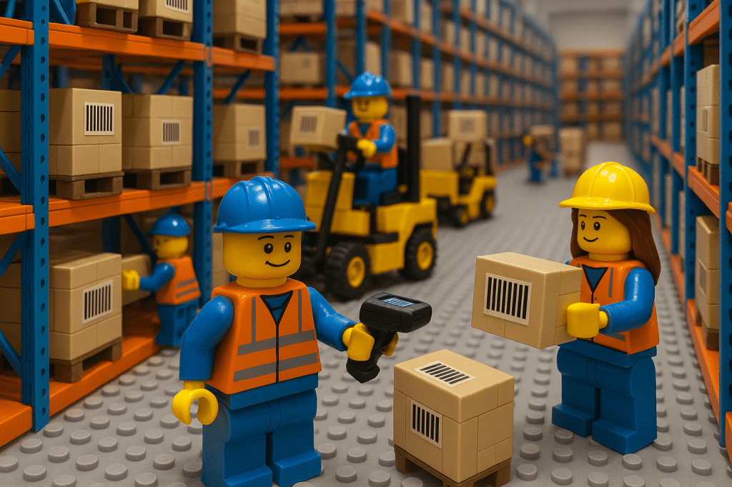 Lego warehouse workers using barcode scanners to track packages in a large storage facility—demonstrating how simple barcode technology, paired with CyberStockroom, solves complex inventory challenges through fast, accurate item identification.