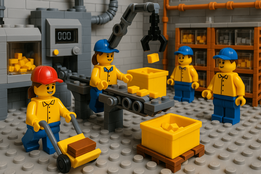 LEGO-style production line illustrating a balanced approach to inventory management, with workers handling raw materials, intermediate items, and finished goods in yellow bins. This scene represents a shift beyond Just-in-Time toward a more resilient strategy. CyberStockroom helps visualize and manage such inventory buffers through its location-based mapping.