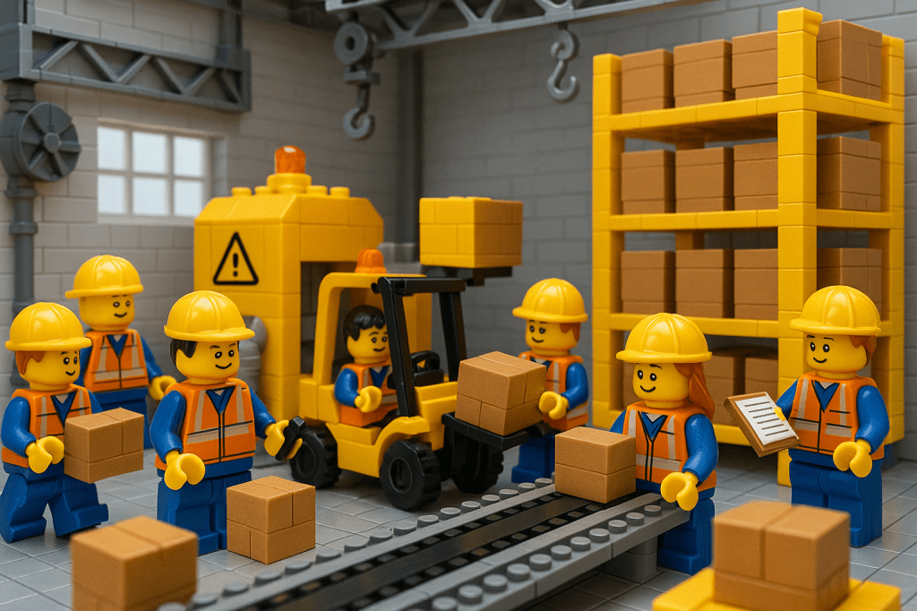 LEGO workers in safety vests and helmets managing boxes in a warehouse with a forklift and clipboard, representing safety stock practices. CyberStockroom helps visualize and track buffer inventory levels across mapped zones to prevent stockouts and production delays.