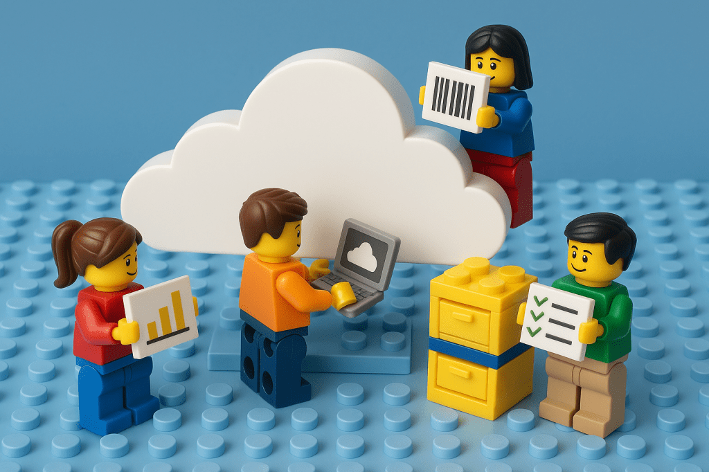 LEGO business team collaborating in front of a large cloud icon, each holding charts, barcodes, laptops, and checklists—symbolizing data-driven decision-making. Illustrates the concept of choosing the right inventory system for your business, with CyberStockroom as a flexible, cloud-based solution tailored for modern operations.