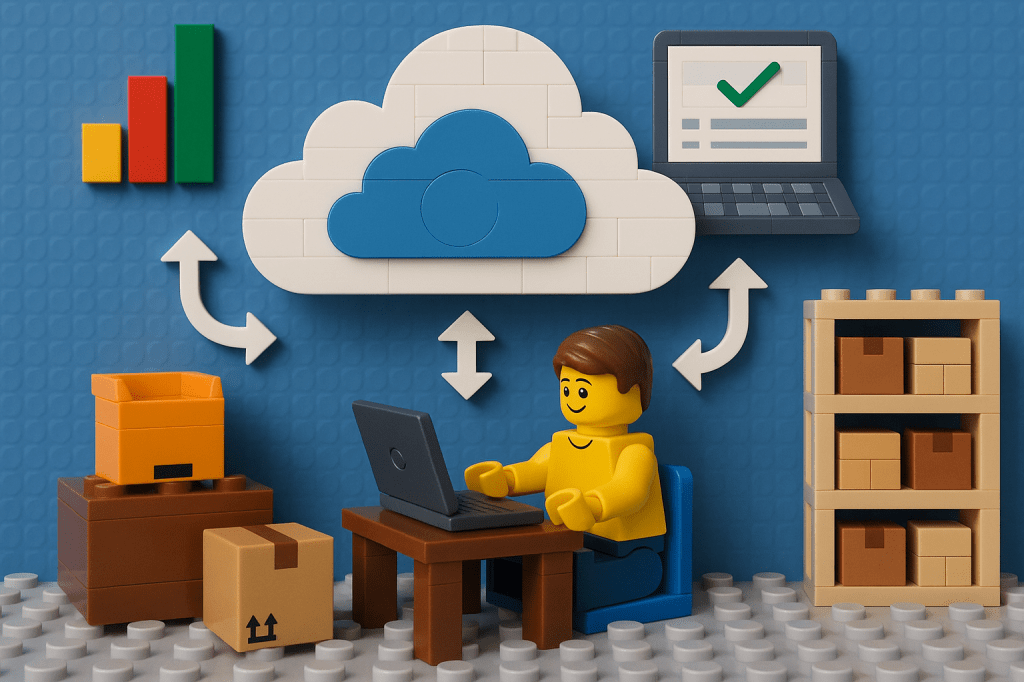 A LEGO-themed scene showing a warehouse worker using a laptop connected to a cloud-based inventory system. Arrows point between the cloud, computer, charts, and shelves of boxes, representing real-time updates, accessibility, and inventory synchronization. This visual illustrates the benefits of using CyberStockroom's cloud-based inventory solution.