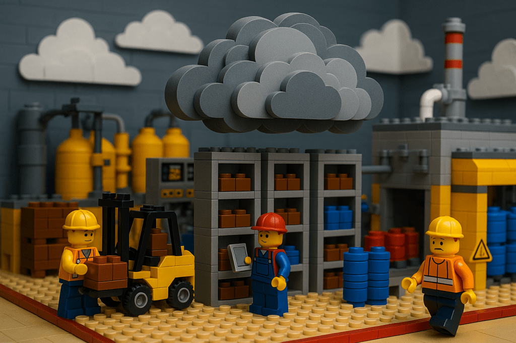 A LEGO-style industrial warehouse scene showing workers surrounded by tall cloud graphics symbolizing cloud infrastructure. One worker looks concerned while holding a clipboard, representing potential challenges like internet dependency and downtime. This image highlights the disadvantages of cloud-based inventory systems, which CyberStockroom addresses with reliable and simple design.