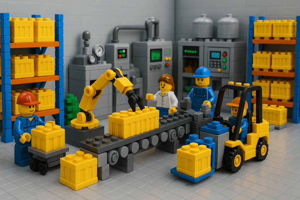 LEGO-style manufacturing facility with workers, storage shelves, a robotic arm, and a forklift. The scene emphasizes full control over hardware, local access, and data security — key advantages of on-premise inventory systems. Tied to CyberStockroom’s flexible deployment approach for secure environments.