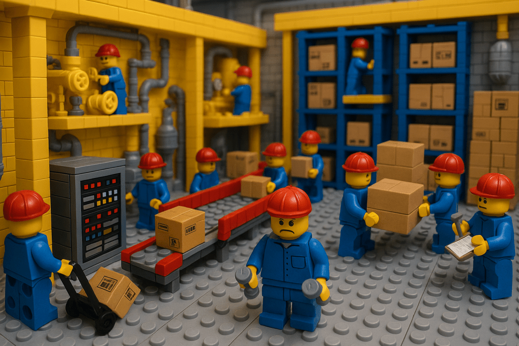 LEGO-style factory scene showing disorganized workers, overstocked shelves, and a cluttered environment to illustrate the disadvantages of on-premise inventory systems. Highlights the complexity, manual labor, and limited scalability compared to streamlined solutions like CyberStockroom.