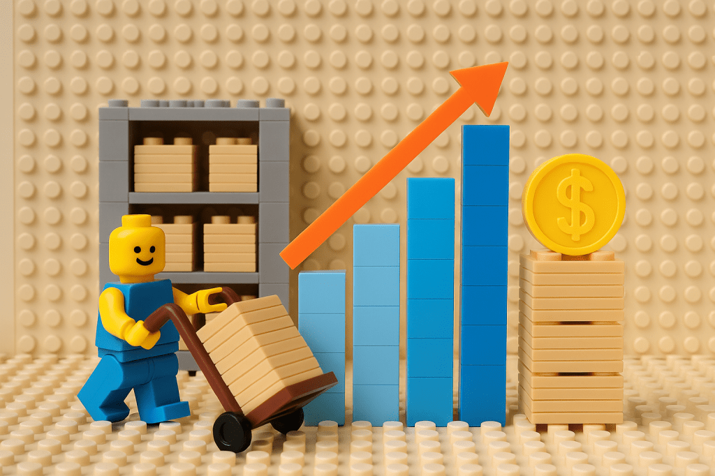 A LEGO worker pushes a cart of inventory in front of a rising bar chart, symbolizing strong inventory turnover. The orange arrow and dollar sign indicate financial efficiency. This image illustrates how CyberStockroom's inventory map and visibility tools help teams track turnover and stock movement in real time, improving inventory control and profitability.


