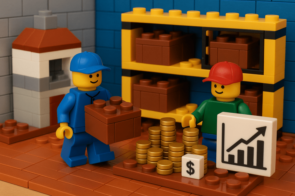 Two LEGO figures manage stacked inventory and coins, symbolizing the carrying cost of inventory. A graph with an upward trend reinforces the financial impact of holding stock. CyberStockroom’s inventory visibility and map-based system helps reduce these costs by optimizing storage, improving organization, and minimizing shrinkage.
