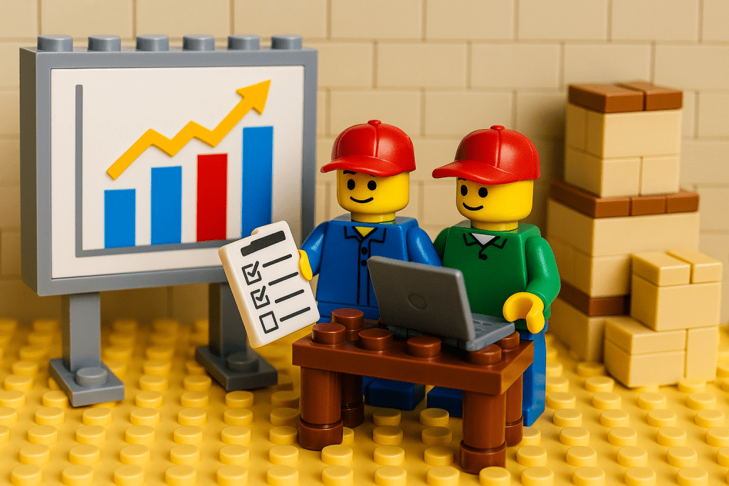 Two LEGO figures analyze inventory reports on a laptop in front of a rising sales chart, symbolizing the inventory-to-sales ratio. Stacked boxes indicate available stock. With CyberStockroom’s real-time inventory map and visibility tools, businesses can better balance inventory levels against sales trends for improved efficiency.
