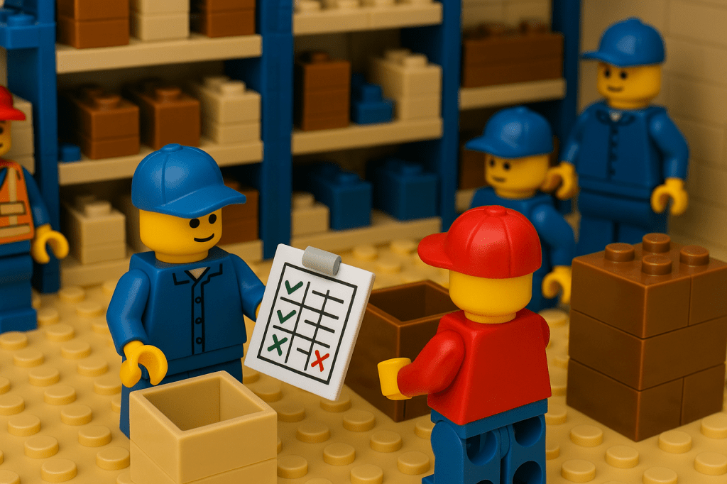 LEGO workers conducting an inventory check in a warehouse, with one holding a checklist and another managing stock boxes. This scene represents the importance of inventory accuracy and real-time visibility using tools like CyberStockroom’s Inventory Map, which helps manufacturing teams maintain control and reduce discrepancies.