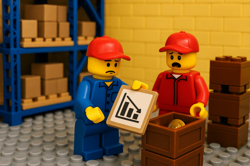 Two LEGO workers in a warehouse reacting to a downward bar chart, symbolizing inventory shrinkage and financial loss. One worker holds a crate with missing items, highlighting the impact of poor inventory visibility. This scene illustrates how CyberStockroom’s Inventory Map can help reduce shrinkage by providing real-time tracking and precise inventory control.