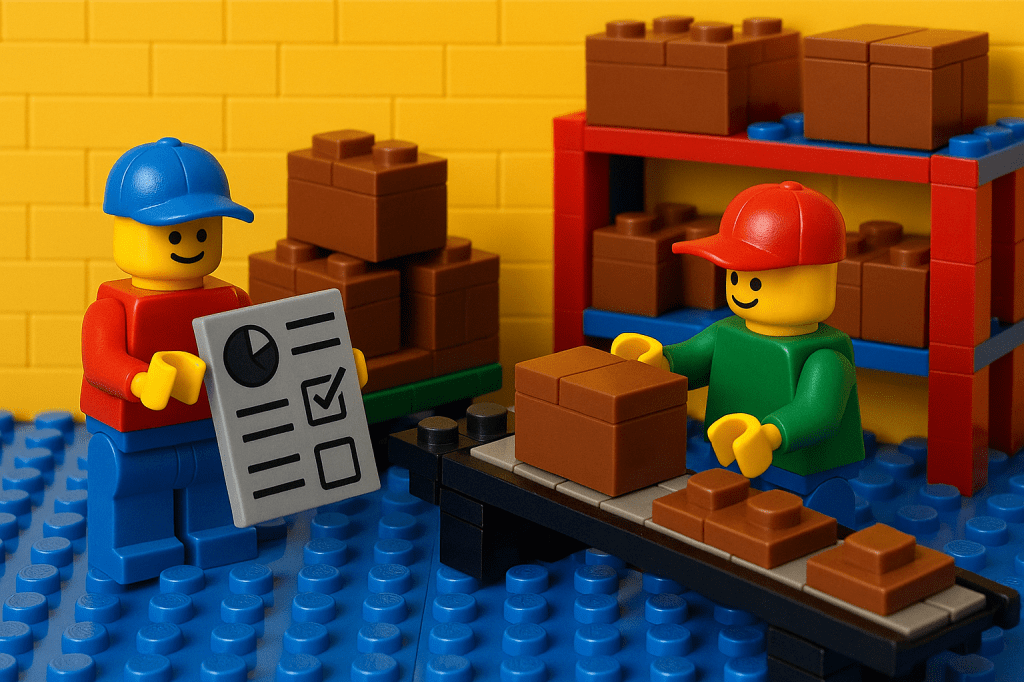 LEGO workers in a warehouse setting reviewing a checklist while boxes move along a conveyor belt, symbolizing efficient order fulfillment. This scene reflects how CyberStockroom improves inventory visibility and boosts order fill rate by using a dynamic Inventory Map to ensure items are always in stock and orders are fulfilled accurately.


